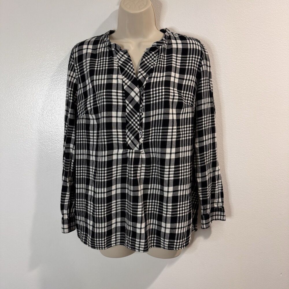 Talbots Blouse Shirt M Plaid Black White Peplum Long Sleeve 100% Cotton